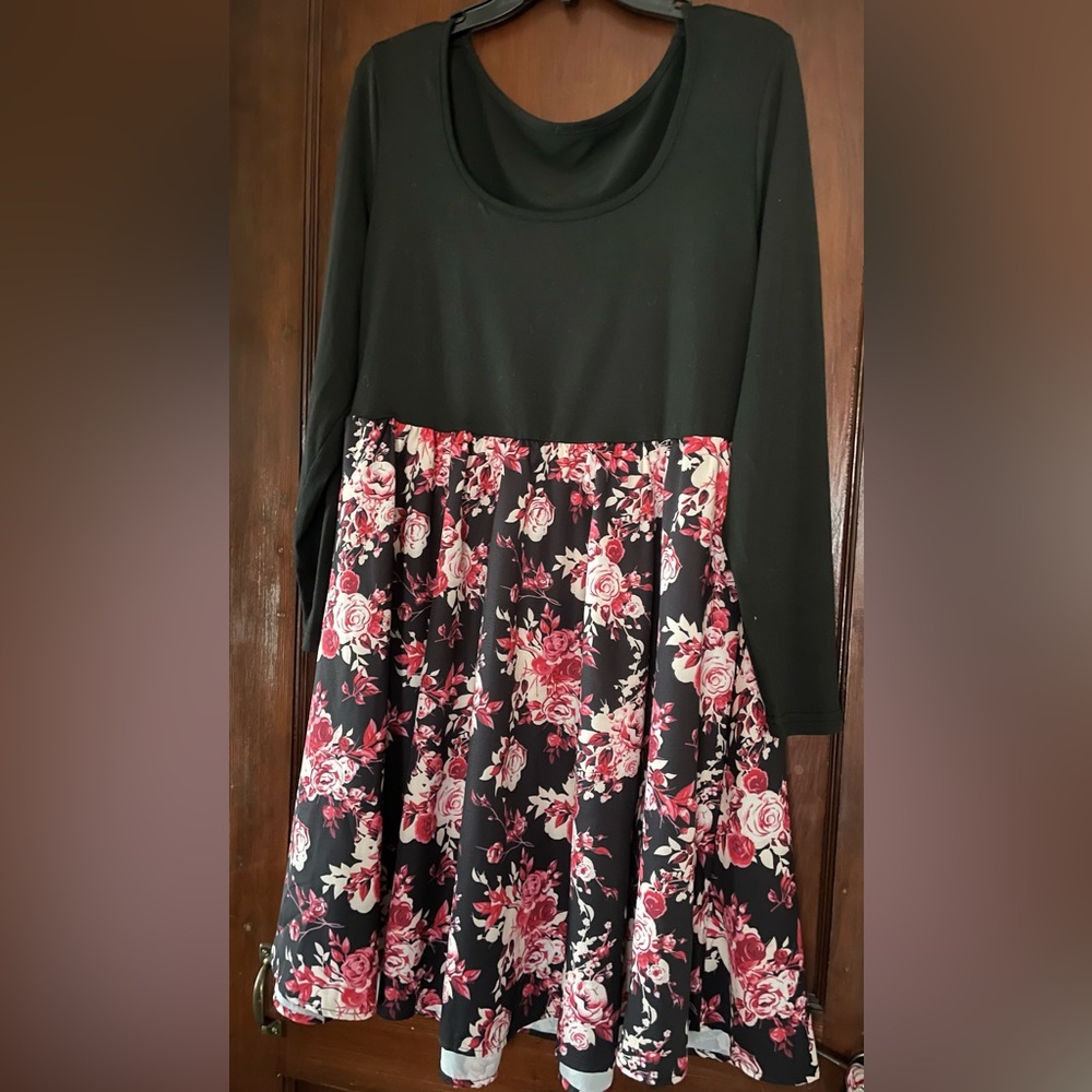 SHEIN Black Bodice Floral Pink Rose Fit-and-Flare Long Sleeve Dress